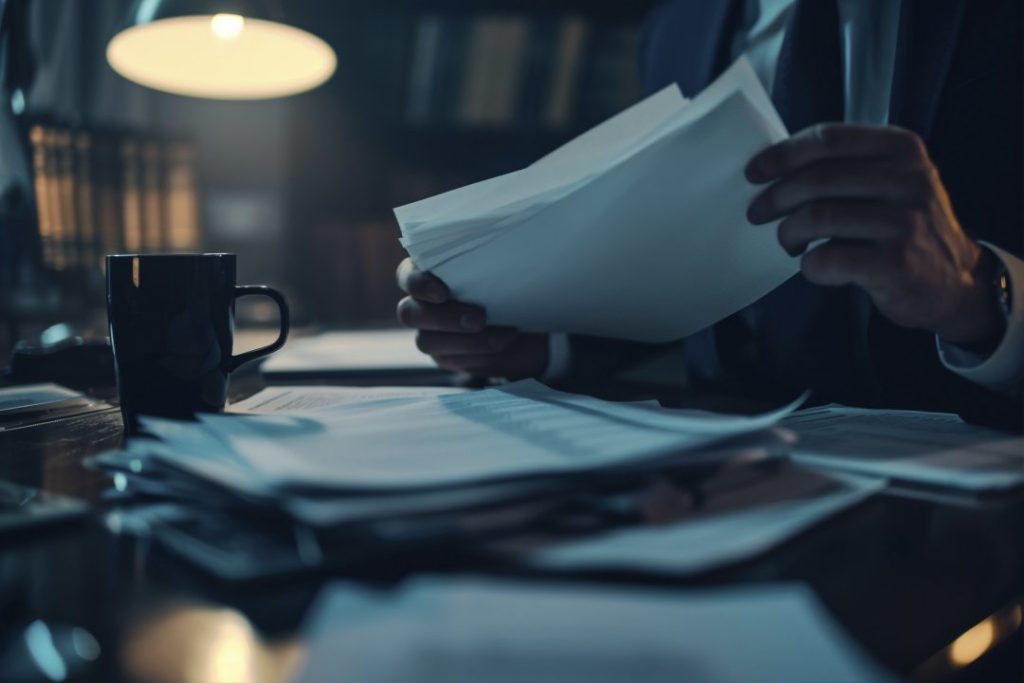 Attorney reviewing insurance policy documents by lamplight at night