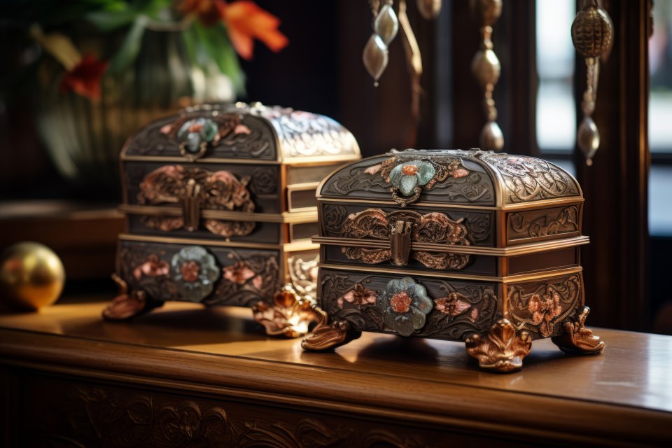 Ornate jewelry boxes holding cherished personal belongings