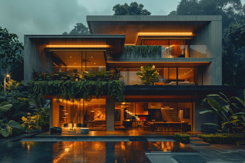 Modern home exterior glowing warmly at dusk, protected and inviting