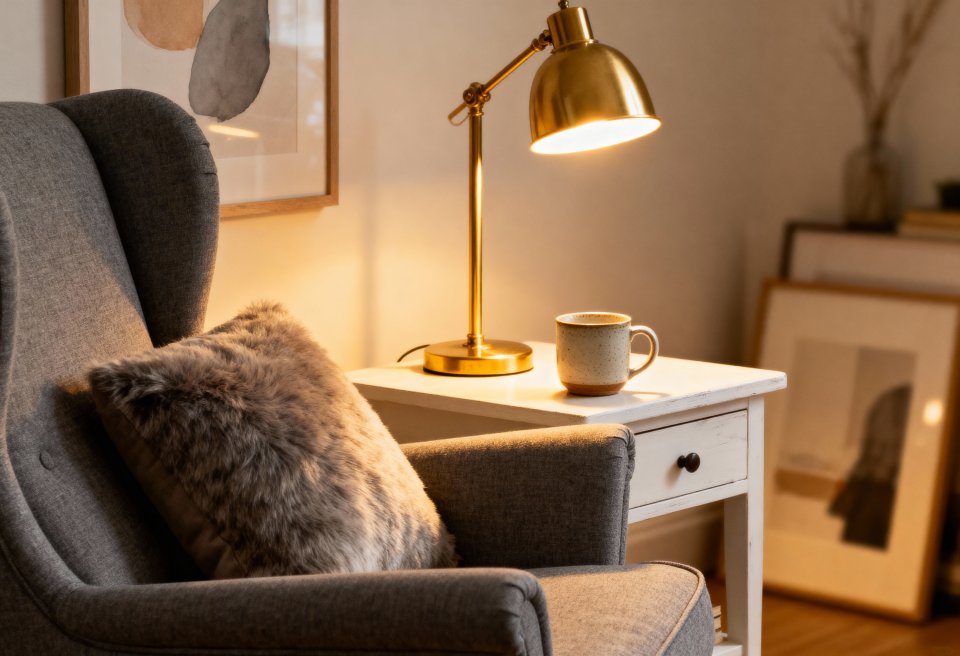Cozy rented apartment corner with a warm reading lamp and armchair