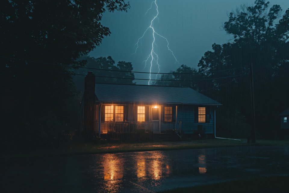 House glowing warmly through a lightning storm at night